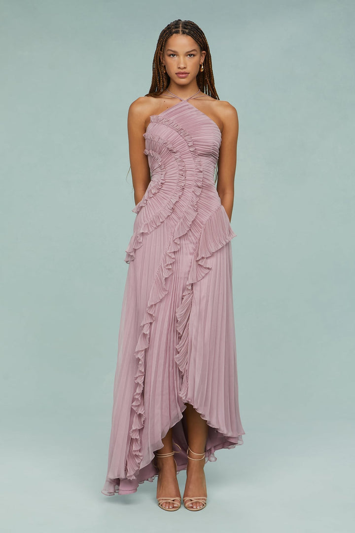 Three-quarter view of the Estelle elegant halter dress highlighting drape and fit