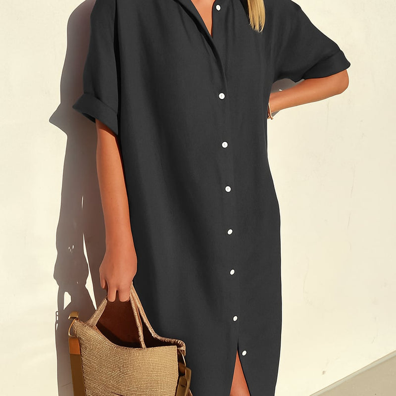 Side profile of the Estelle women's midi shirt dress showing the full midi-length silhouette