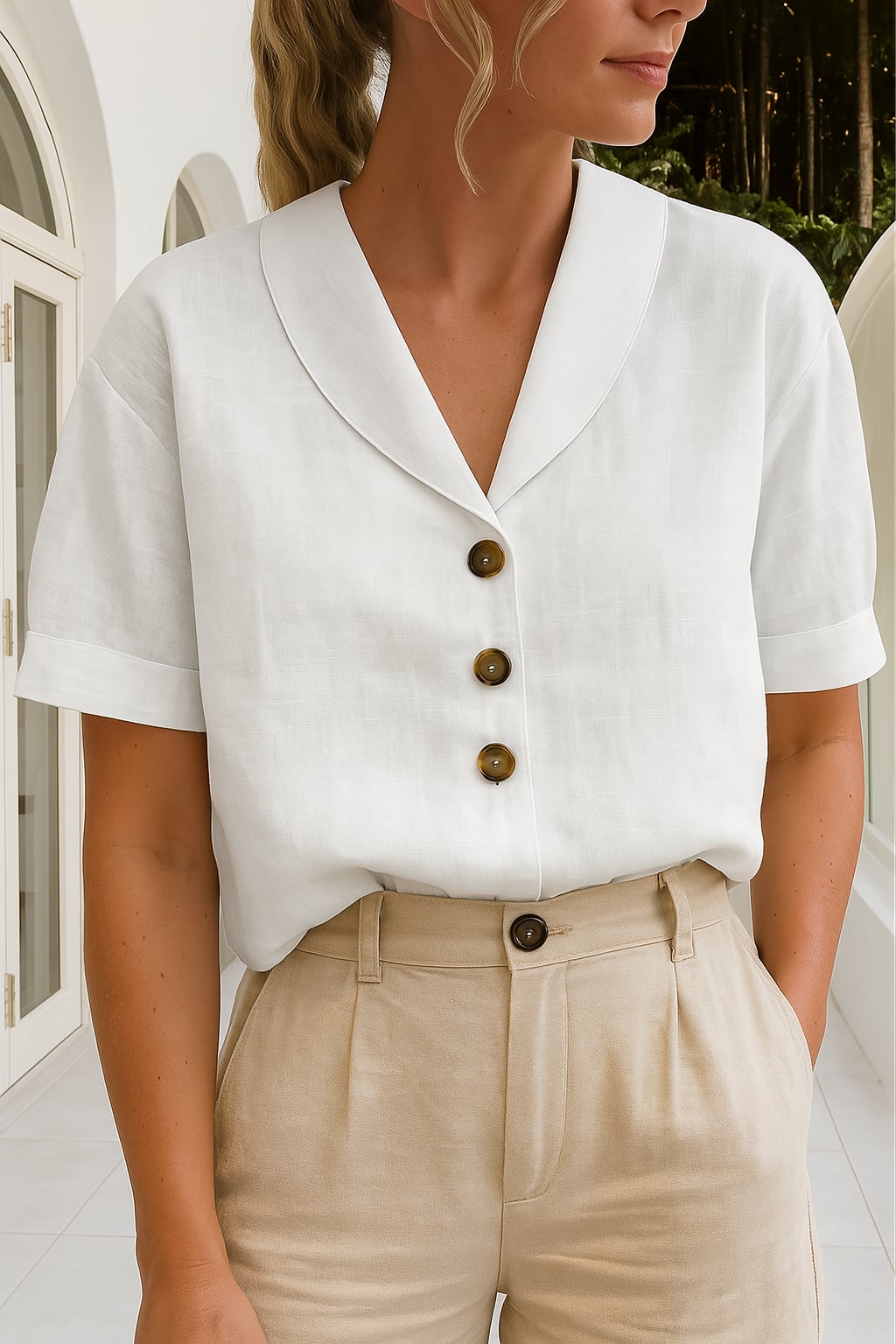 Woman wearing the Ethel elegant wrap neckline blouse in white, styled with high-waist trousers for a polished daytime look