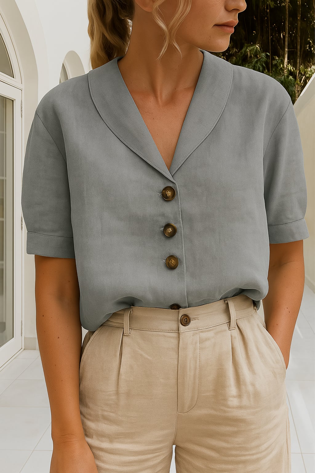 Flat lay of the Ethel blouse in grey showing the light, breathable fabric and timeless silhouette