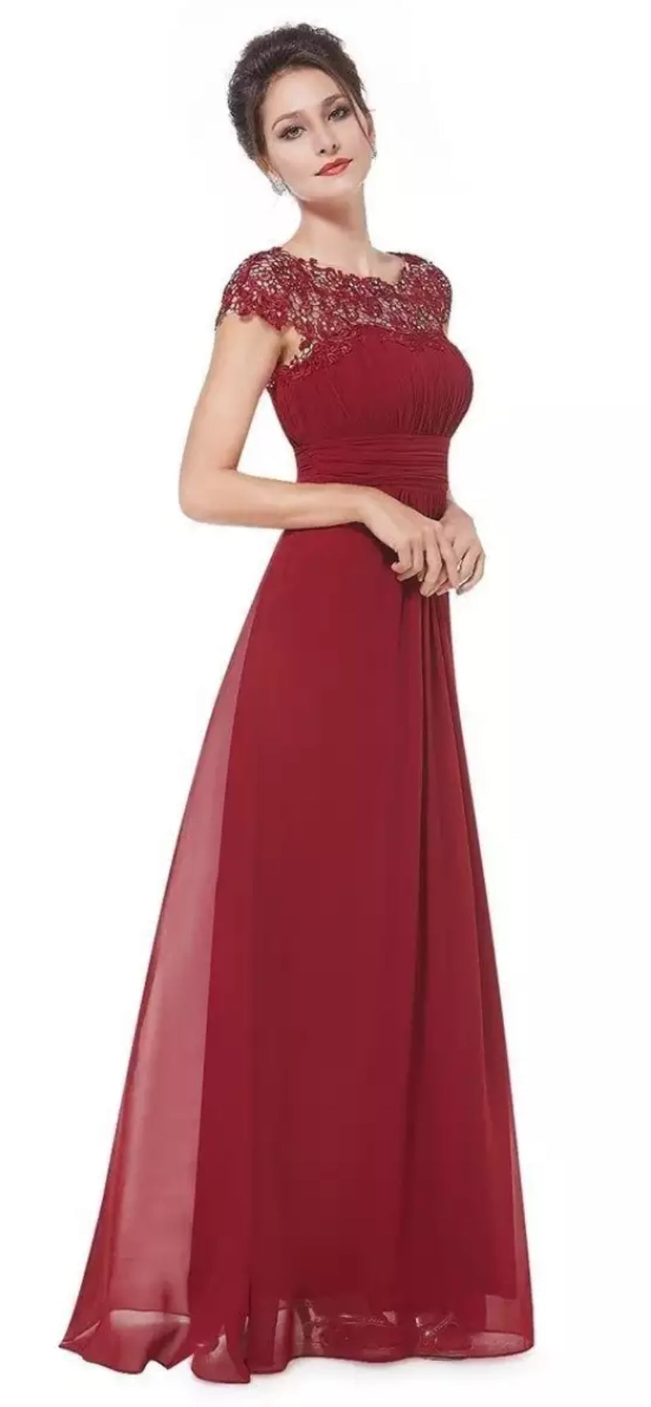Model wearing an elegant lace collar A-line dress in red, front view, flowing skirt and sheer accent details