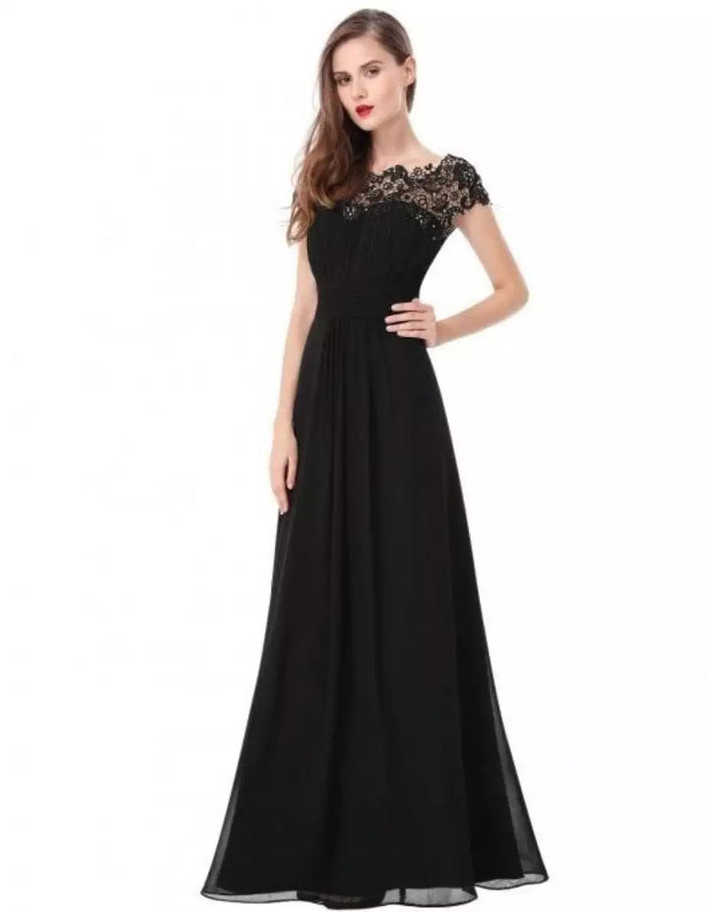 Close-up of the refined lace collar and sheer mesh accents on the A-line occasion dress