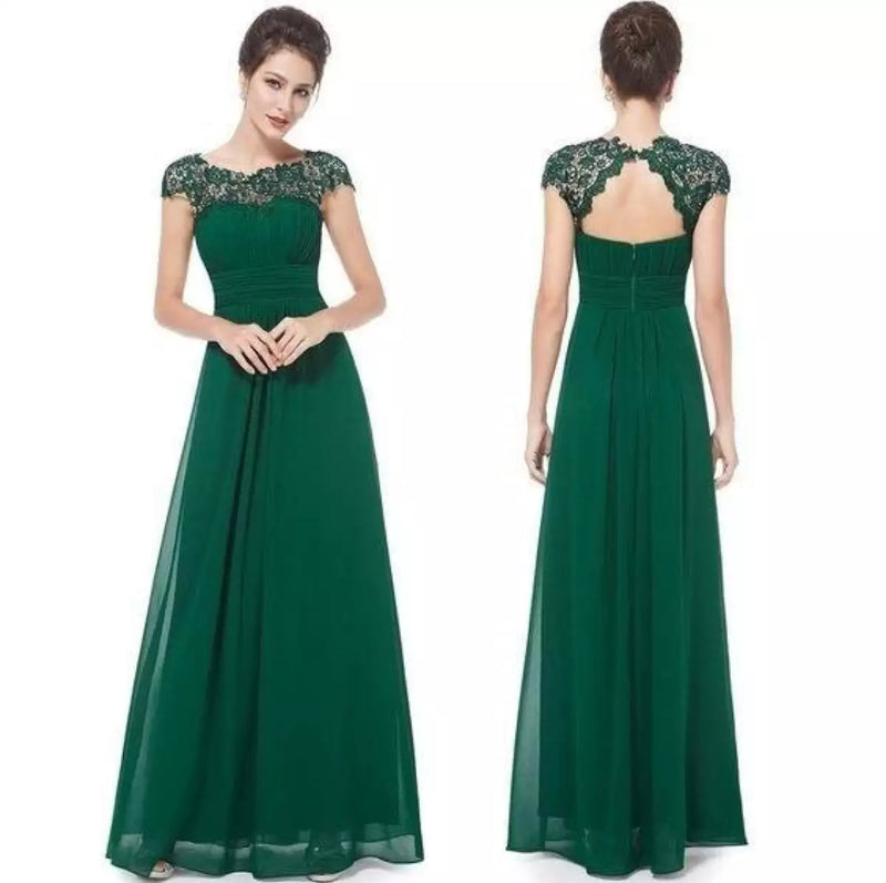Full-length back view of the flowing A-line lace dress showing graceful silhouette