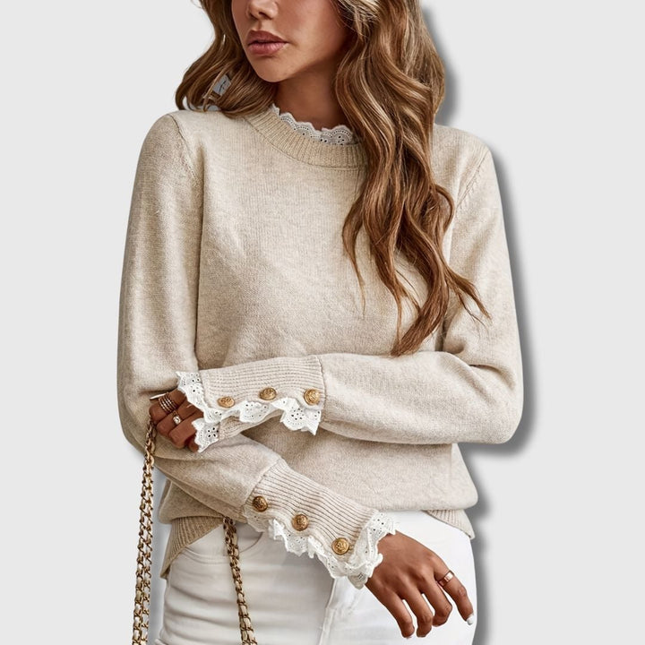 Eva long sleeve lace sweater in apricot displayed to show soft fabric texture and elegant lace accents
