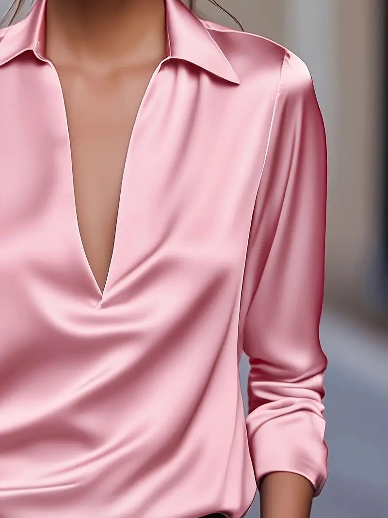 Brown V-neck satin blouse styled with trousers — full-length view
