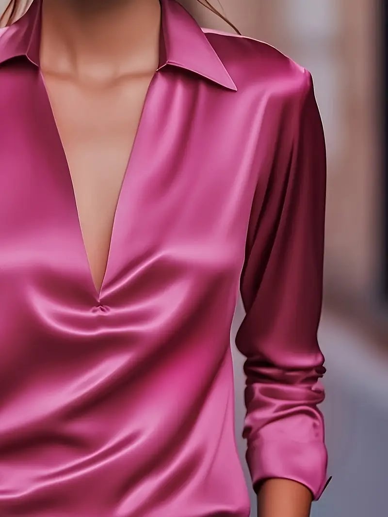 Light pink satin blouse full-length front view on model