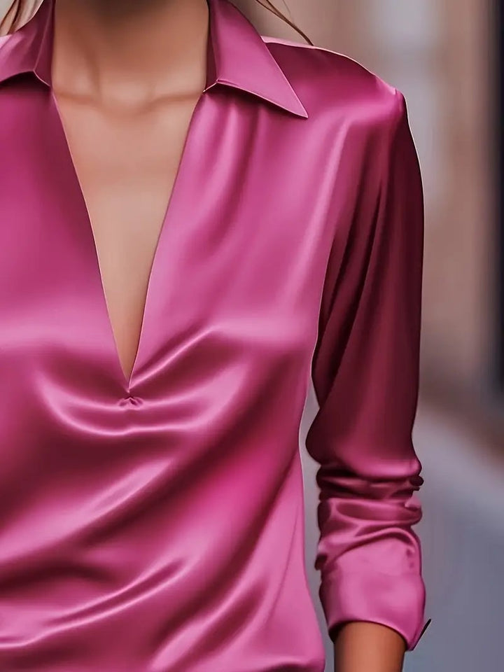Light pink satin blouse full-length front view on model