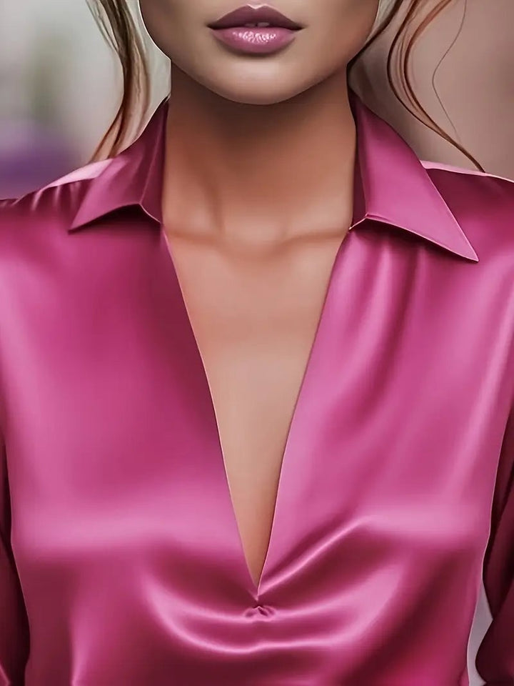 Pink premium satin blouse full-length side view on model