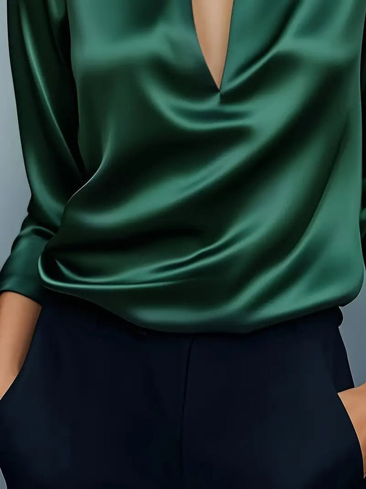 Green satin V-neck blouse full-length front view — model styling