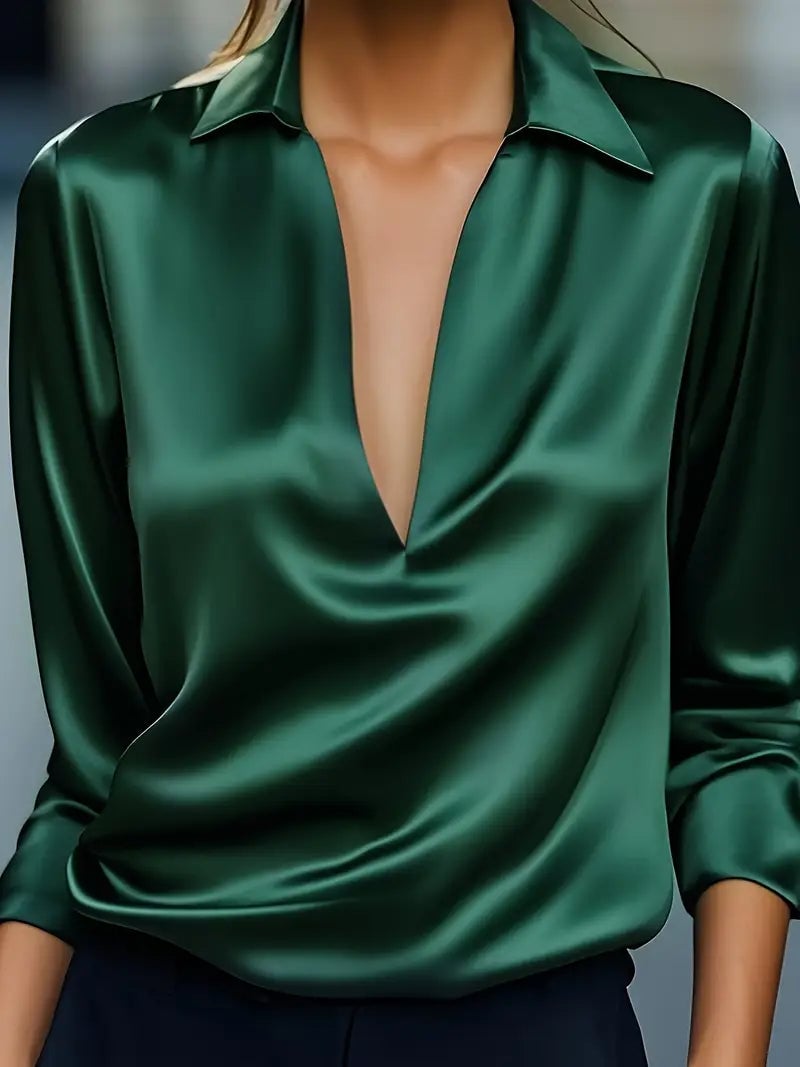 Orange satin blouse full-length view showing length and sleeve detail