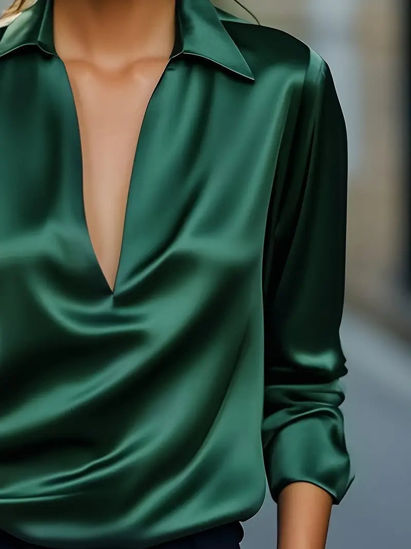 Purple V-neck satin blouse full-length side view on model