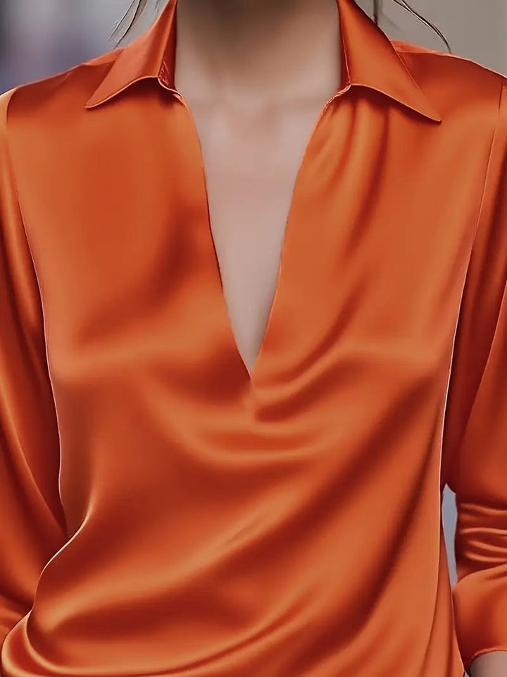 Grey satin blouse full-length front view on model