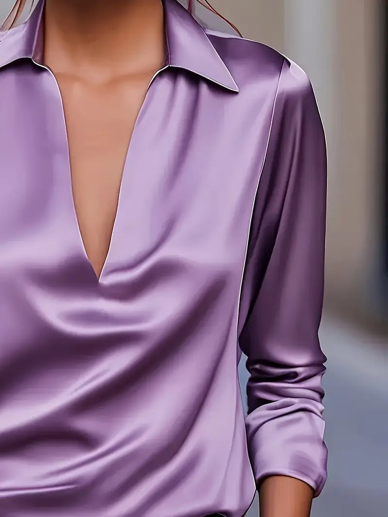 Brown satin blouse styled for a casual daytime look