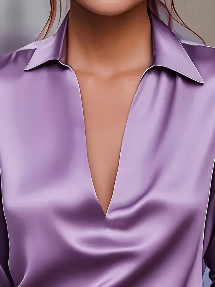 White premium satin blouse front view with sleeve detail visible