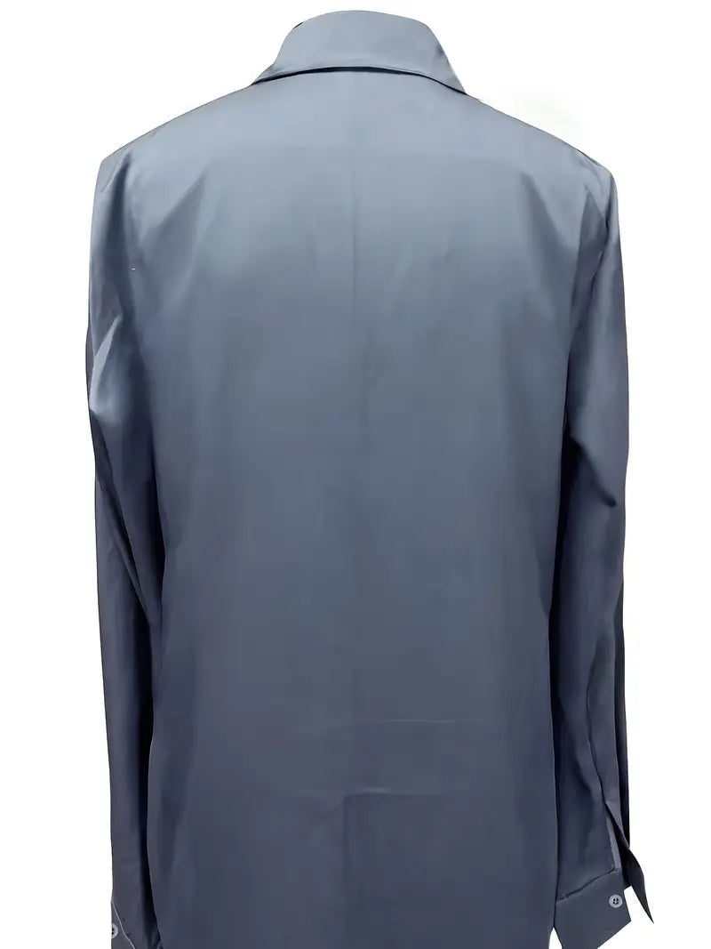 Purple satin blouse back neckline detail close-up