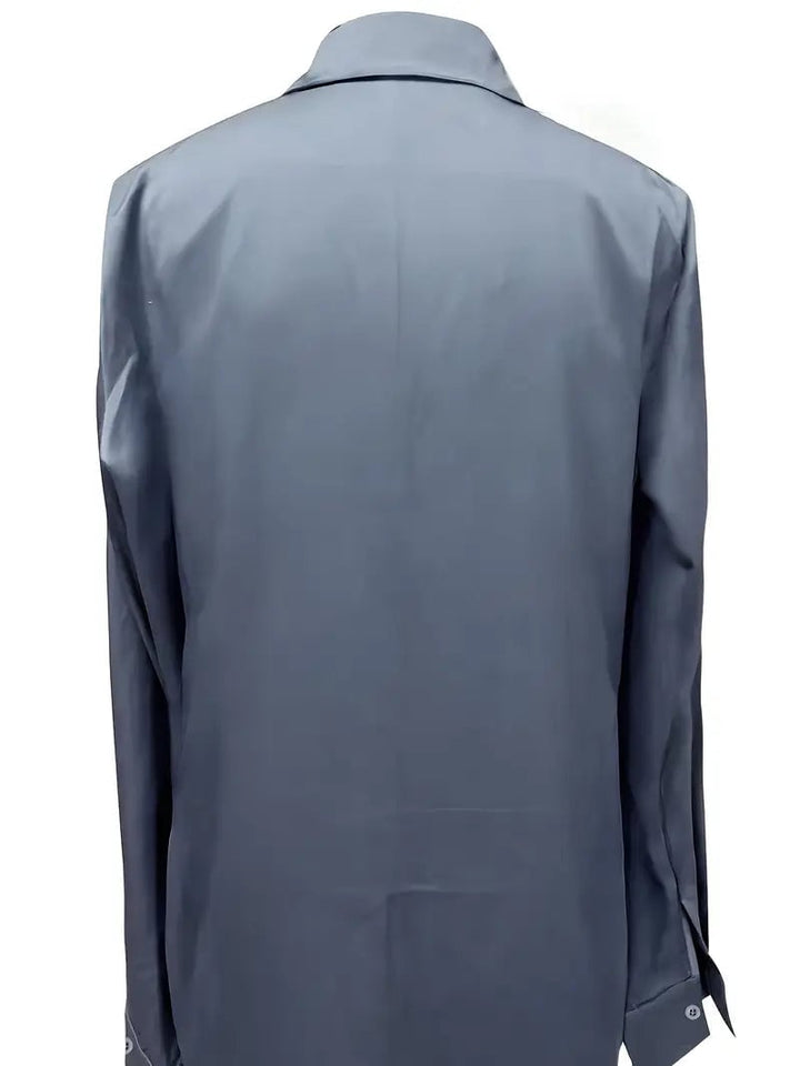 Purple satin blouse back neckline detail close-up