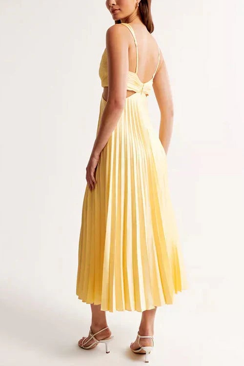 Flat lay of the Evangeline maxi dress displaying available color options including yellow, black, and pink