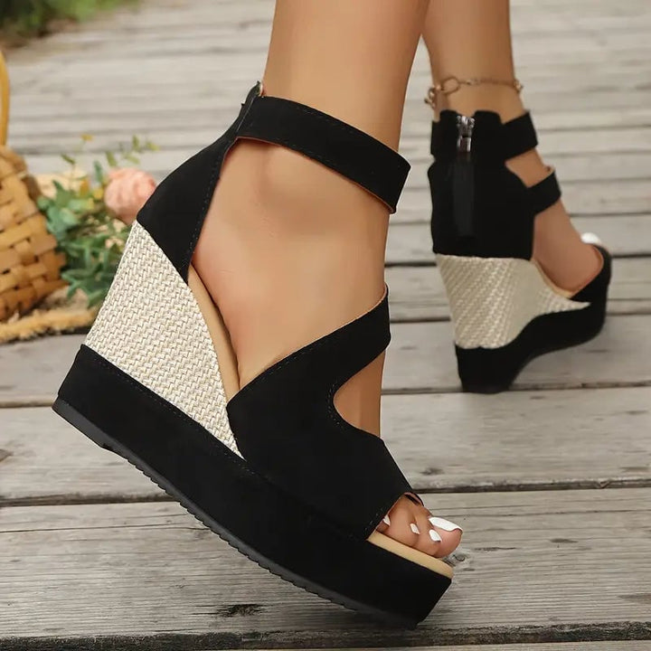 Top-down view of the Evangeline black platform ankle strap wedge sandal