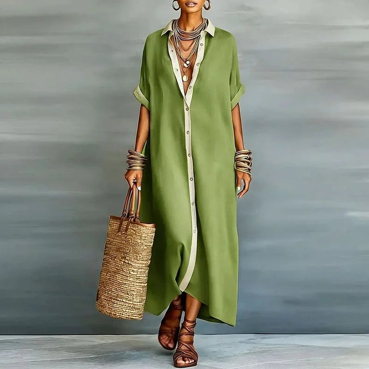 Back view of the Evelina button down maxi shirt dress showing the relaxed silhouette and maxi length