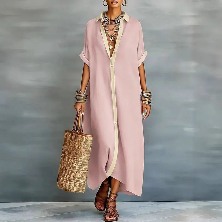 Flat lay of the Evelina button down maxi shirt dress in multiple color options including black and pink