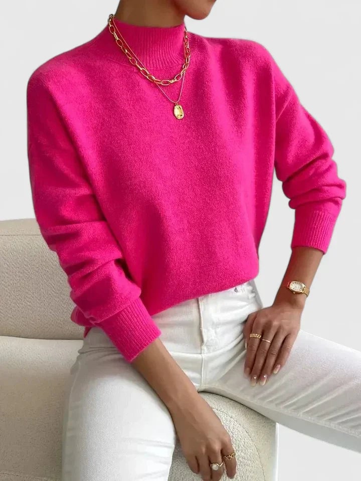 Side profile of the Evelyn turtleneck sweater in yellow, showing smooth drape and fit