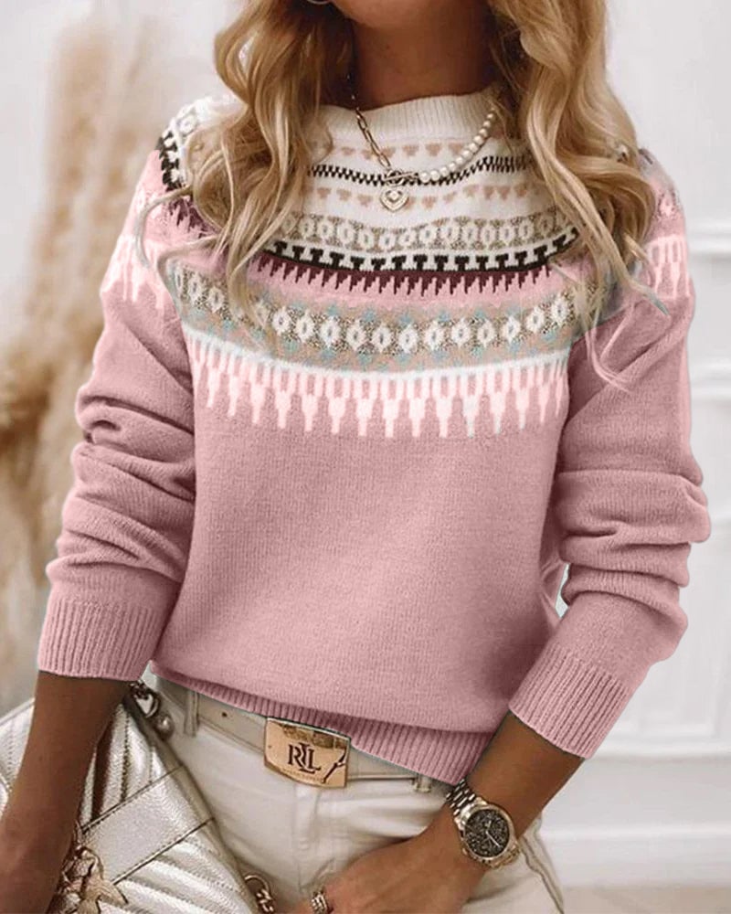Front view of the Everly knitted sweater styled casually, available in Blue, Grey, and Pink