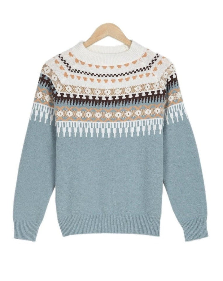 Lifestyle shot of the Everly knitted sweater worn in a casual setting, demonstrating its all-season versatility