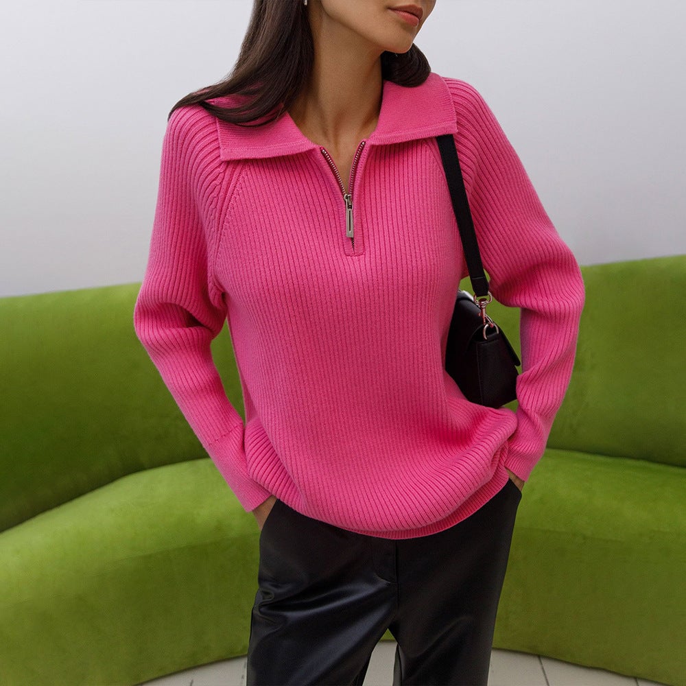 Front view of the Everly relaxed-fit sweater in pink with a flattering silhouette