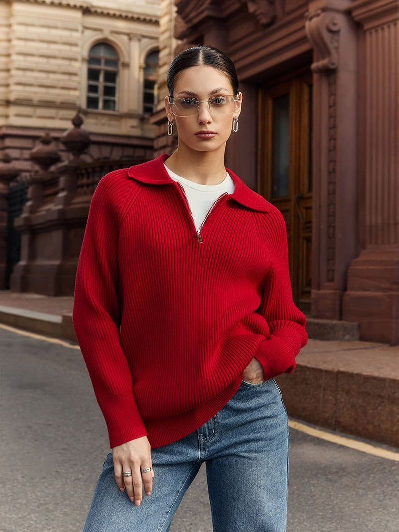 Side view of the Everly sweater showing relaxed drape and sleeve length