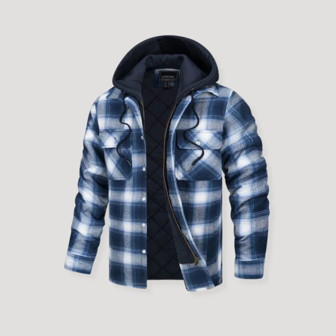 Front view of plaid flannel hooded jacket in blue plaid pattern