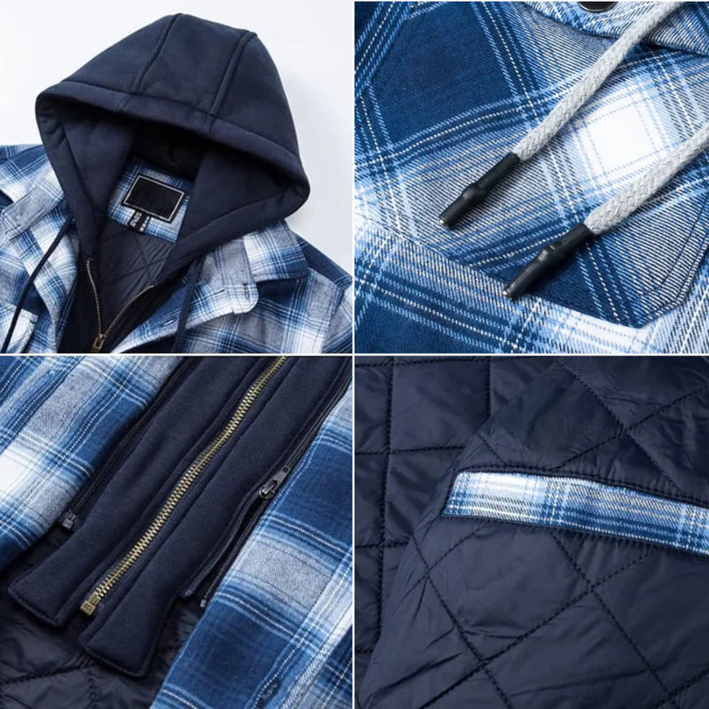 Model wearing plaid flannel jacket with hood up, styled casually