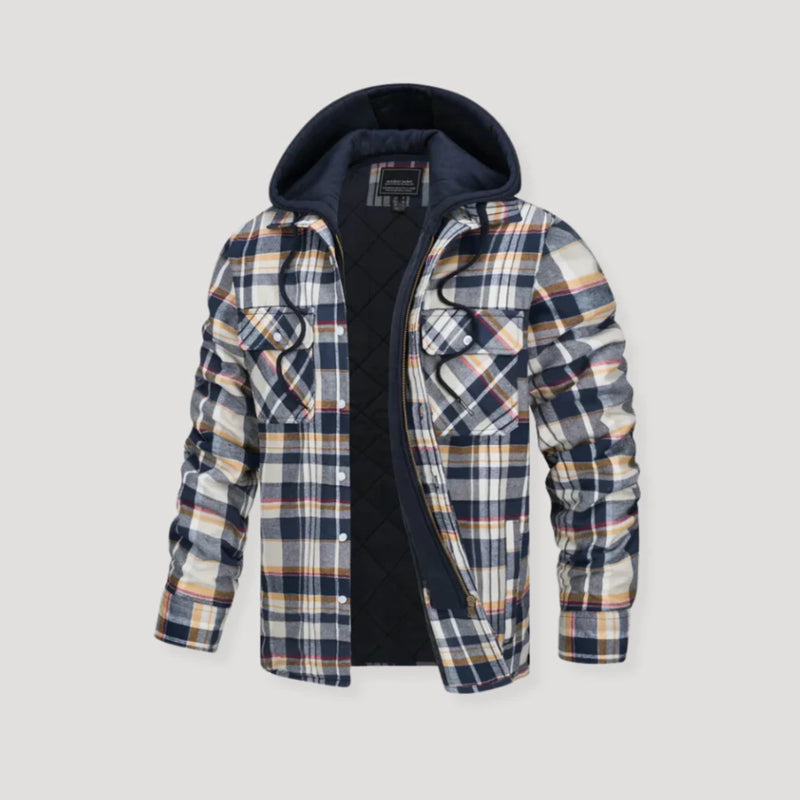Close-up of plaid flannel fabric texture and hood detail