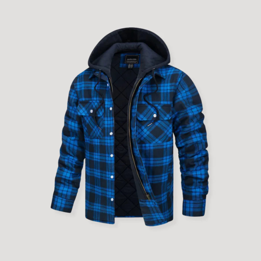 Side view of plaid flannel hooded jacket showing relaxed fit