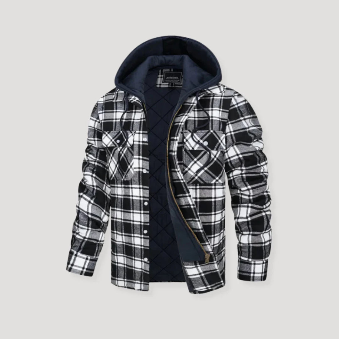 Back view of plaid flannel jacket with attached hood