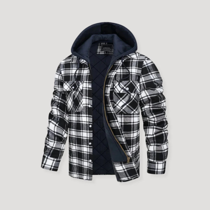 Back view of plaid flannel jacket with attached hood