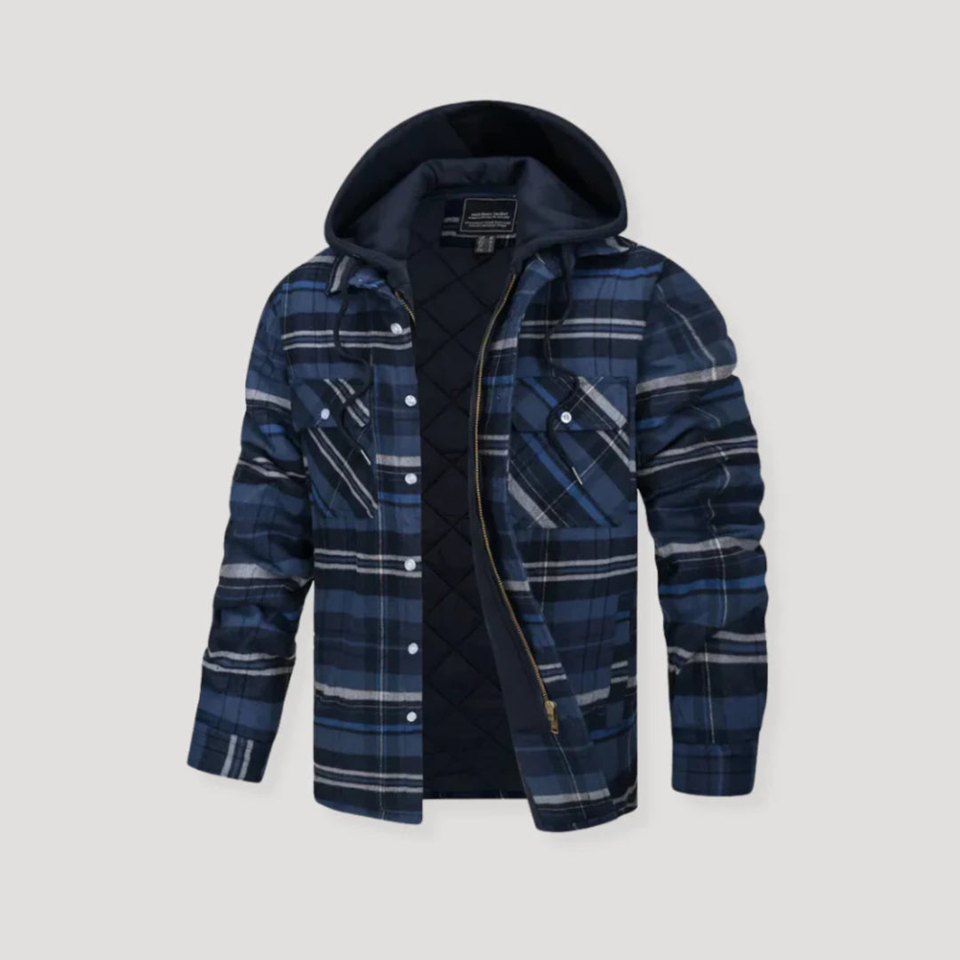 Plaid flannel jacket styled over a button-up shirt for a layered look