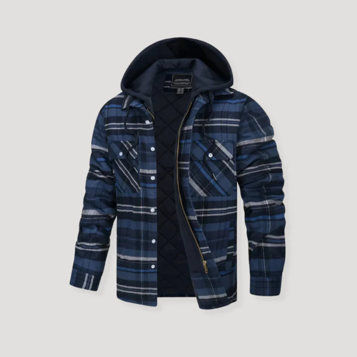 Plaid flannel jacket styled over a button-up shirt for a layered look