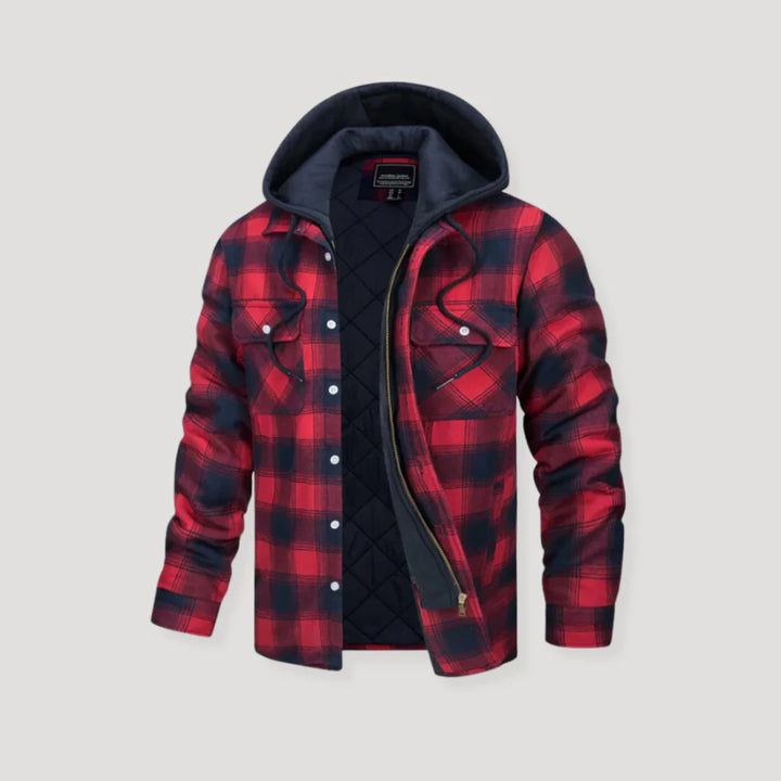 Plaid flannel hooded jacket laid flat showing full pattern and color