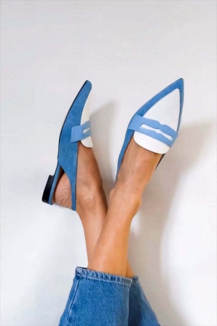 Evette blue and white slingback loafers with a minimalist strap and sleek flattering silhouette, shown from a front angle