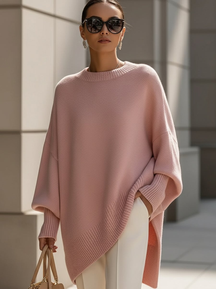 Faith elegant sweater in olive green styled with a midi skirt for an elegant evening look