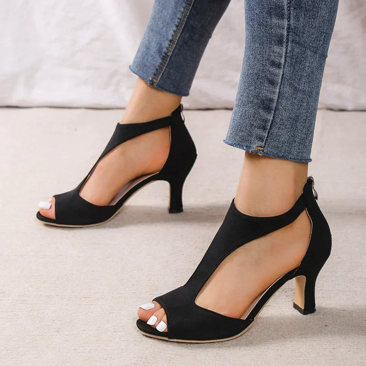 Faith orthopedic low heel sandals in pink showing supportive arch design and stable heel, side view
