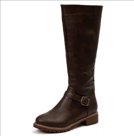 Flat lay of all three color options — black, dark brown, and light brown knee-high boots