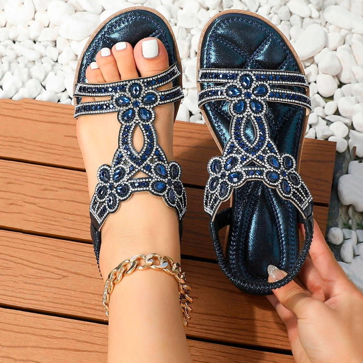 Farrah orthopedic sandals in blue colorway, top-down view showing full design