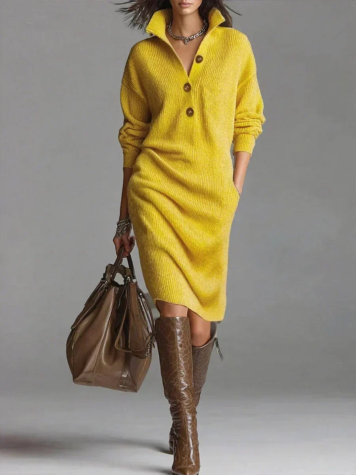 Woman wearing the Fatima chic sweater dress in a flattering silhouette, styled for a polished everyday look