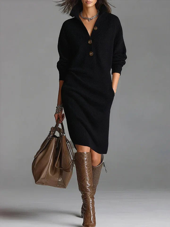 Full-length view of the Fatima chic sweater dress highlighting its smooth fit and versatile style