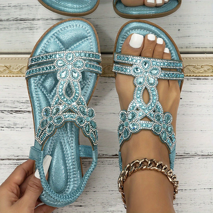 Faye women's orthopedic boho sandal in blue with contoured footbed and decorative straps