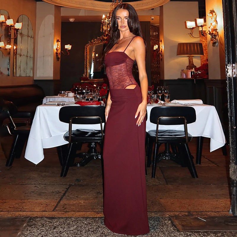 Burgundy long dress with sheer lace accent and flowing straight silhouette, front view