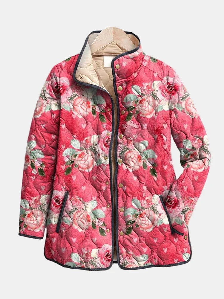 Woman wearing a pink lightweight quilted jacket with elegant quilted pattern detailing, relaxed flattering fit