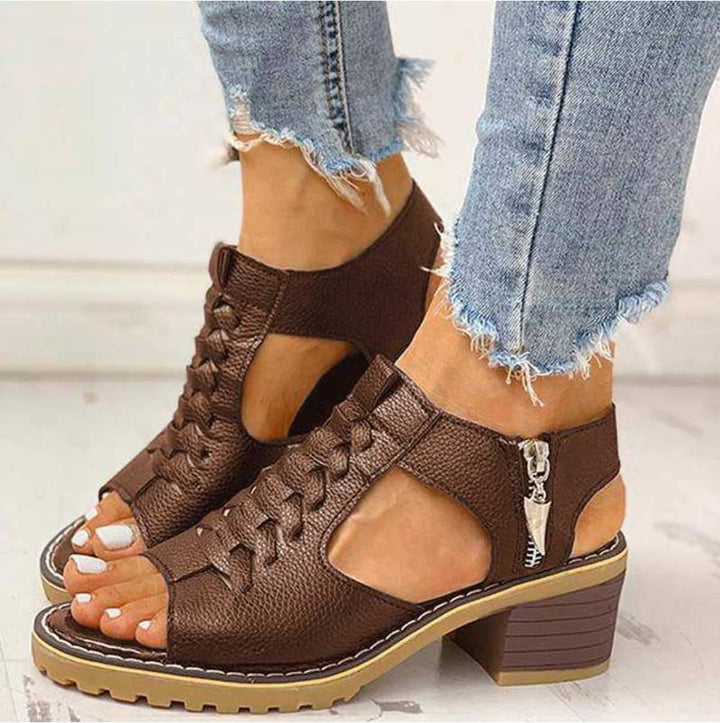 Felicity women's adjustable high heel sandals in brown with sleek straps and cushioned insole, side view