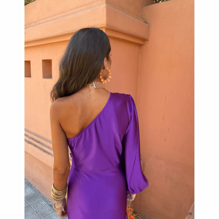 Side profile of the Felicity evening dress in lavender showing the graceful drape and silhouette